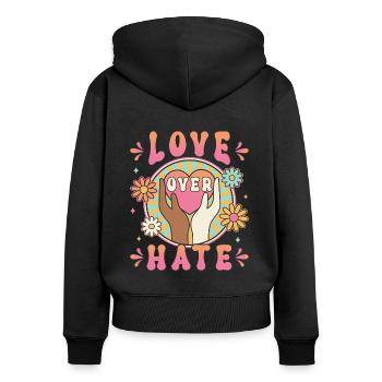 Love Over Hate Retro 70s Frauen Statement Design - Frauen Premium Bio Zip Hoodie - Schwarz - Hinten - Julia (174cm)
