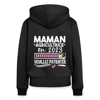 2023 Maman Agricultrice Agriculture Naissance - Sweat à capuche zippé Premium bio Femme - noir - Dos - Julia (174cm)