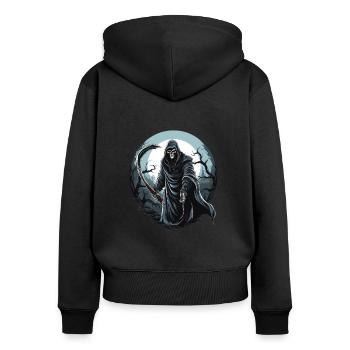 La Faucheuse - Sweat à capuche zippé Premium bio Femme - noir - Dos - Julia (174cm)