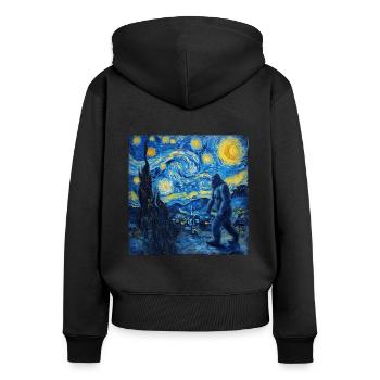 bigfoot, big foot, van gogh, sternenacht - Frauen Premium Bio Zip Hoodie - Schwarz - Hinten - Julia (174cm)
