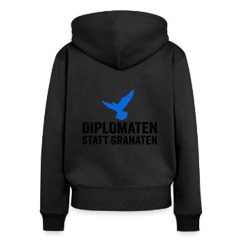 Diplomaten statt Granaten - Frauen Premium Bio Zip Hoodie - Schwarz - Hinten - Julia (174cm)