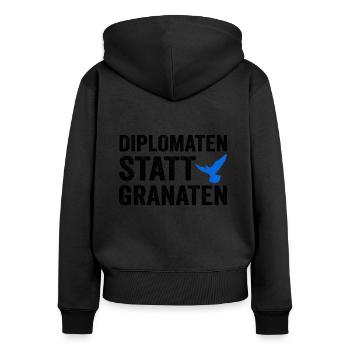 Diplomaten statt Granaten - Frauen Premium Bio Zip Hoodie - Schwarz - Hinten - Julia (174cm)