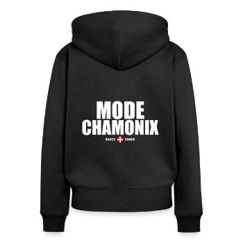 Mode Chamonix Mont Blanc haute savoie alpes - Sweat à capuche zippé Premium bio Femme - noir - Dos - Julia (174cm)