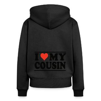 J’aime mon cousin - Sweat à capuche zippé Premium bio Femme - noir - Dos - Julia (174cm)
