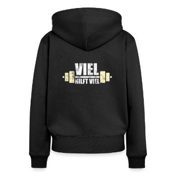 Bodybuilding - Viel hilft viel - Frauen Premium Bio Zip Hoodie - Schwarz - Hinten - Julia (174cm)