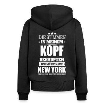 STIMMEN IM KOPF - NEW YORK - Frauen Premium Bio Zip Hoodie - Schwarz - Hinten - Julia (174cm)