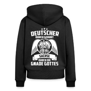 SACHSE DURCH DIE GNADE GOTTES - SACHSEN - GESCHENK - Frauen Premium Bio Zip Hoodie - Schwarz - Hinten - Julia (174cm)
