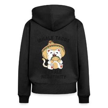 Tacos einatmen, Negativität ausatmen - Frauen Premium Bio Zip Hoodie - Schwarz - Hinten - Julia (174cm)