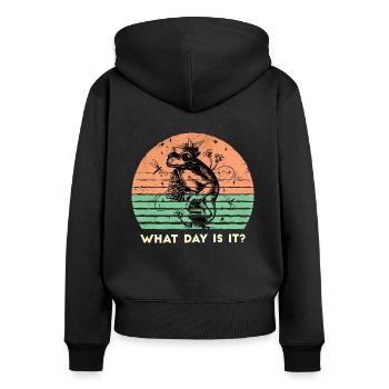 Retro Frosch Grafik - Welcher Tag ist es? Meme - Frauen Premium Bio Zip Hoodie - Schwarz - Hinten - Julia (174cm)