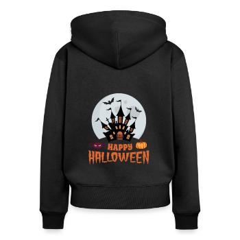 Frohes Halloween, Spukhaus, Fledermäuse - Frauen Premium Bio Zip Hoodie - Schwarz - Hinten - Julia (174cm)