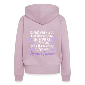 Sensibilisation à la maladie d’Alzheimer Démence ALZ - Sweat à capuche zippé Premium bio Femme - rose poudré - Dos - Julia (174cm)