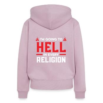 Je vais en enfer dans toutes les religions athées - Sweat à capuche zippé Premium bio Femme - rose poudré - Dos - Julia (174cm)