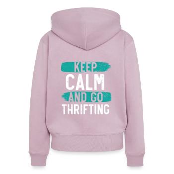 Restez calme et partez à la chasse aux bonnes affaires de la reine - Sweat à capuche zippé Premium bio Femme - rose poudré - Dos - Julia (174cm)