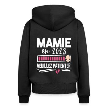 Mamie 2023 Grand-Mère Retraitée Retraite Cadeau - Sweat à capuche zippé Premium bio Femme - noir - Dos - Julia (174cm)
