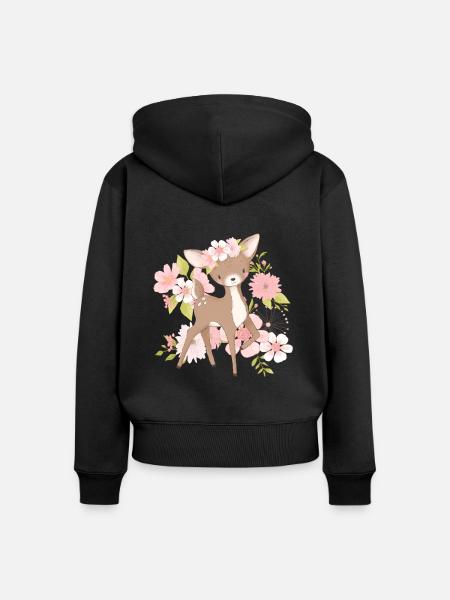 Blumen Rehkitz - Frauen Premium Bio Zip Hoodie - Schwarz