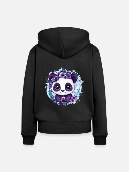 Panda mit Blumenkranz - Frauen Premium Bio Zip Hoodie - Schwarz