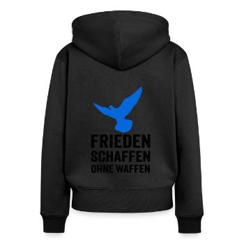 FRIEDEN SCHAFFEN OHNE WAFFEN mit Friedenstaube - Frauen Premium Bio Zip Hoodie - Schwarz - Hinten - Julia (174cm)