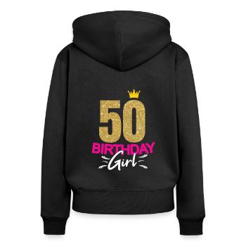 Anniversaire Filles Dames 50 ans Dicton drôle - Sweat à capuche zippé Premium bio Femme - noir - Dos - Julia (174cm)