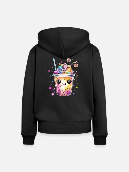 Bubble Tea mit Blüten - Frauen Premium Bio Zip Hoodie - Schwarz