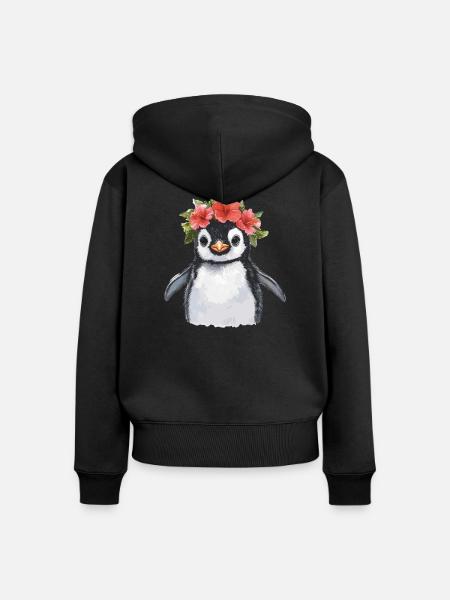 Pinguin mit Blütenkranz - Frauen Premium Bio Zip Hoodie - Schwarz