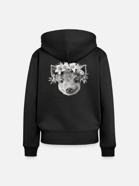 Wildschwein mit Blumenkranz - Frauen Premium Bio Zip Hoodie - Schwarz