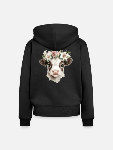 Kalb mit Blumen - Frauen Premium Bio Zip Hoodie - Schwarz