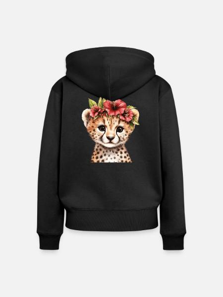 Gepard mit Blumenkranz - Frauen Premium Bio Zip Hoodie - Schwarz