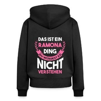 Ramona - Frauen Premium Bio Zip Hoodie - Schwarz - Hinten - Julia (174cm)