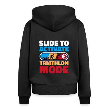 Slide To Activate Triathlon Mode Triathlet Profi - Frauen Premium Bio Zip Hoodie - Schwarz - Hinten - Julia (174cm)
