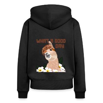 What A Good Day Pako Huacaya Lama Alpakazüchter - Frauen Premium Bio Zip Hoodie - Schwarz - Hinten - Julia (174cm)