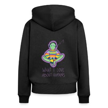 Ce que j’aime dans la conspiration des humains - Sweat à capuche zippé Premium bio Femme - noir - Dos - Julia (174cm)
