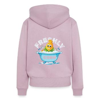 Maïs frais Mais - Sweat à capuche zippé Premium bio Femme - rose poudré - Dos - Julia (174cm)