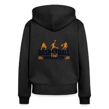 Basketball First Work Later Basketballkorb - Frauen Premium Bio Zip Hoodie - Schwarz - Hinten - Julia (174cm)