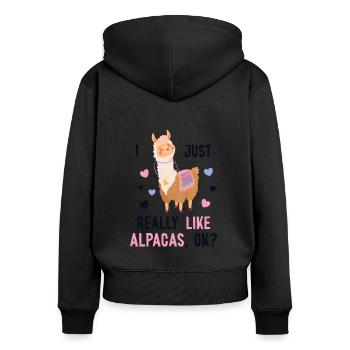 I just really like Alpacas Huacaya Pako Lama - Frauen Premium Bio Zip Hoodie - Schwarz - Hinten - Julia (174cm)