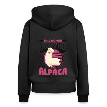 Cette femme connaît son lama alpaga Pako Huacaya - Sweat à capuche zippé Premium bio Femme - noir - Dos - Julia (174cm)