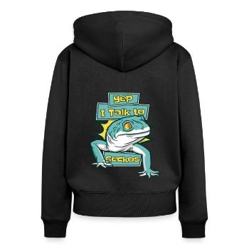 Je parle aux geckos lézard Gekkota léopard huppé - Sweat à capuche zippé Premium bio Femme - noir - Dos - Julia (174cm)