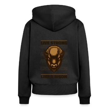 Lebe stark wie ein Bison Büffel Amerikanischer Bison - Frauen Premium Bio Zip Hoodie - Schwarz - Hinten - Julia (174cm)