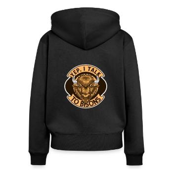 Ja, ich spreche mit Bisons Büffel Amerikanischer Bison - Frauen Premium Bio Zip Hoodie - Schwarz - Hinten - Julia (174cm)