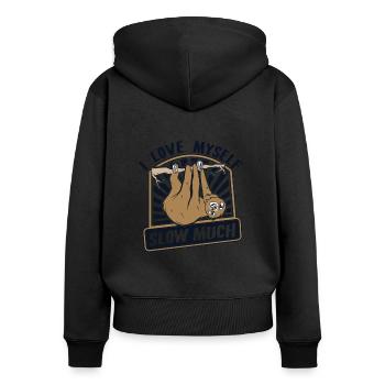 Ich liebe mich langsam viel Folivora Braunkehl - Frauen Premium Bio Zip Hoodie - Schwarz - Hinten - Julia (174cm)