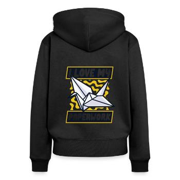 Ich liebe meine Papierkram Eule Papier Kranich Falten - Frauen Premium Bio Zip Hoodie - Schwarz - Hinten - Julia (174cm)
