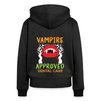 Vampir-geprüfte Zahnpflege. - Frauen Premium Bio Zip Hoodie - Schwarz - Hinten - Julia (174cm)