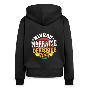 Niveau marraine débloqué cadeau annonce marraine - Sweat à capuche zippé Premium bio Femme - noir - Dos - Julia (174cm)