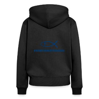 #Konfirmation2025 Konfirmation 2025 Fisch Kreuz - Frauen Premium Bio Zip Hoodie - Schwarz - Hinten - Julia (174cm)