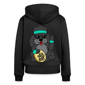 Winkepudel mit Stinkefinger "Ich muss gar nix!" - Frauen Premium Bio Zip Hoodie - Schwarz - Hinten - Julia (174cm)