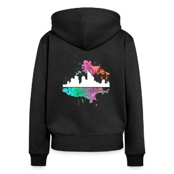 Frankfurt - Frauen Premium Bio Zip Hoodie - Schwarz - Hinten - Julia (174cm)