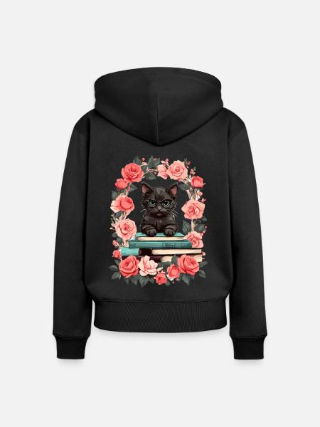 Schwarze Katze mit Lesebrille - Frauen Premium Bio Zip Hoodie - Schwarz