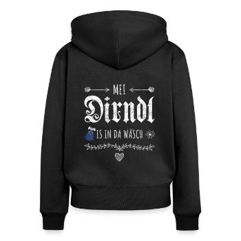 Mei Dirndl is in da Wäsch Spruch Retro - Frauen Premium Bio Zip Hoodie - Schwarz - Hinten - Julia (174cm)
