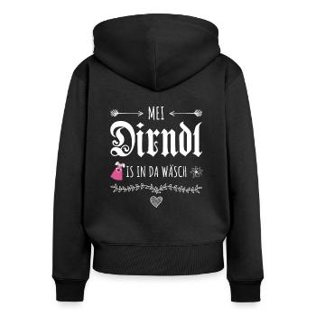 Mei Dirndl is in da Wäsch Spruch Idee - Frauen Premium Bio Zip Hoodie - Schwarz - Hinten - Julia (174cm)