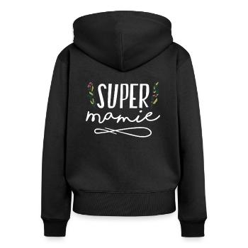 Cadeau fête des grands mères Super Mamie fleurs - Sweat à capuche zippé Premium bio Femme - noir - Dos - Julia (174cm)
