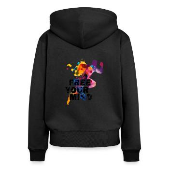 Free your mind - RUN - Sport Laufen Marathon - Frauen Premium Bio Zip Hoodie - Schwarz - Hinten - Julia (174cm)
